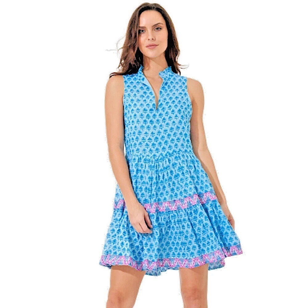 Oliphant Blue Printed Sleeveless Mini Dress with Pink Trim